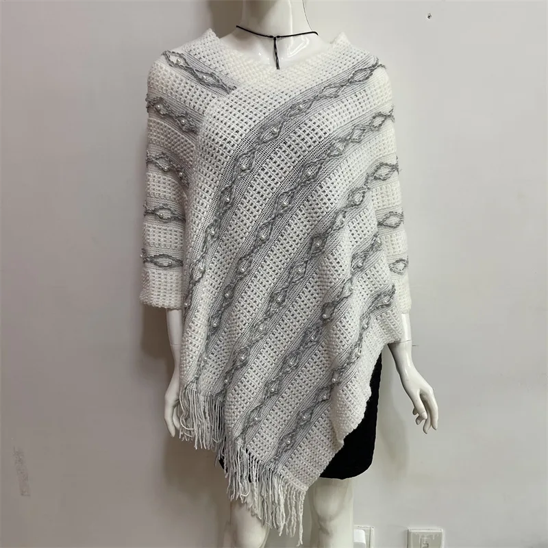 

European American Women Spring Autumn New Lazy Wind V-neck Tassel Nail Bead Cloak Sweater Lady Scarf Cloak keep Warm White