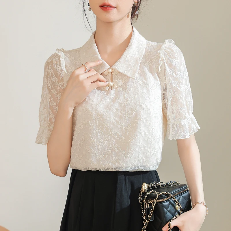 New 2024 Summer Lace Blouse For Women Short Puff Sleeve Beige Color See-through Elegant Tops Chinese Style Shirts & Blouses