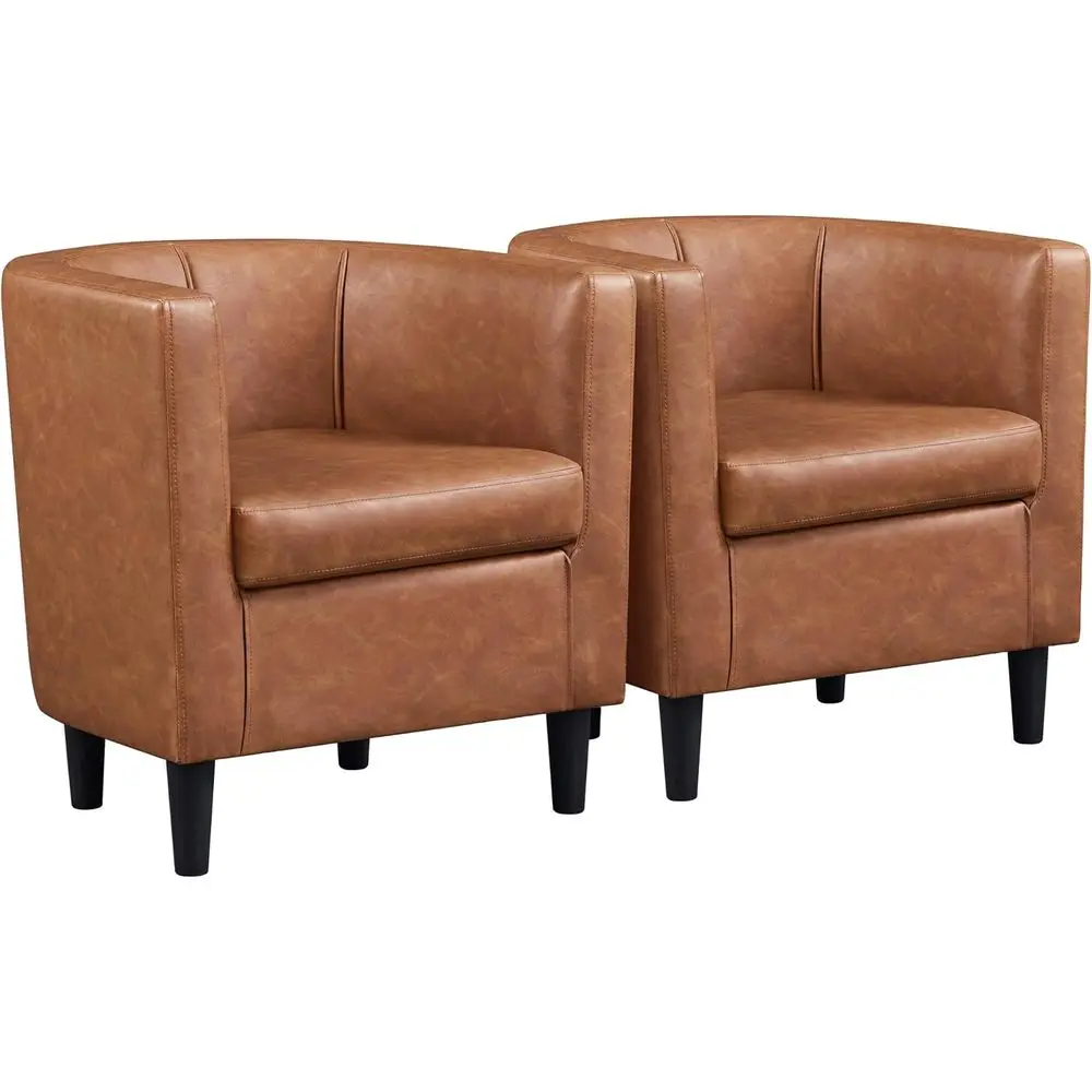 Barrel Accent Chairs Set o 2, ern Armchairs, Brown | aux Leather Chair with High-Density oam Seat, Upholstered Barrel Soa Chair