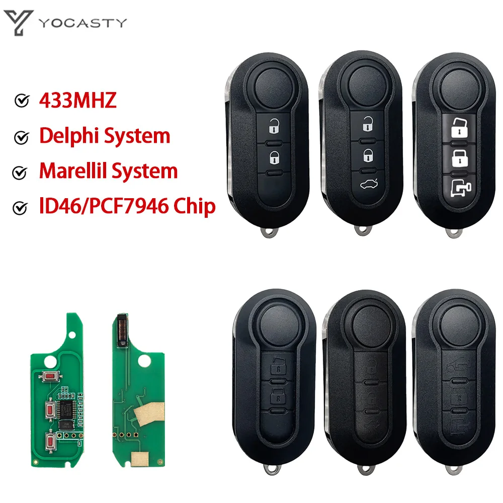 YOCASTY Flip Folding Car Key ID46 433MHZ 2/3 Button For Fiat For 500 500L Doblo Bravo Ducato Qubo Grande Punto SIP22 Blade