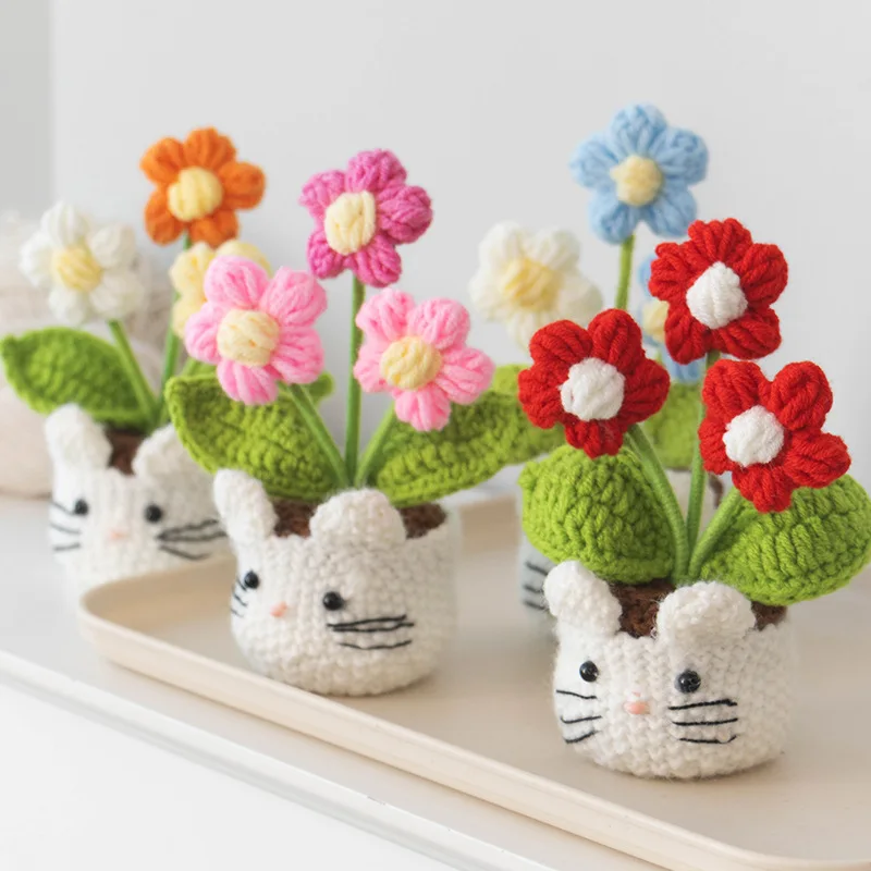 Handmade Crocheted Potted Plant / Knitted Flower Bouquet – Office Desk Ornament, Car Interior Accessory, or Small Gift