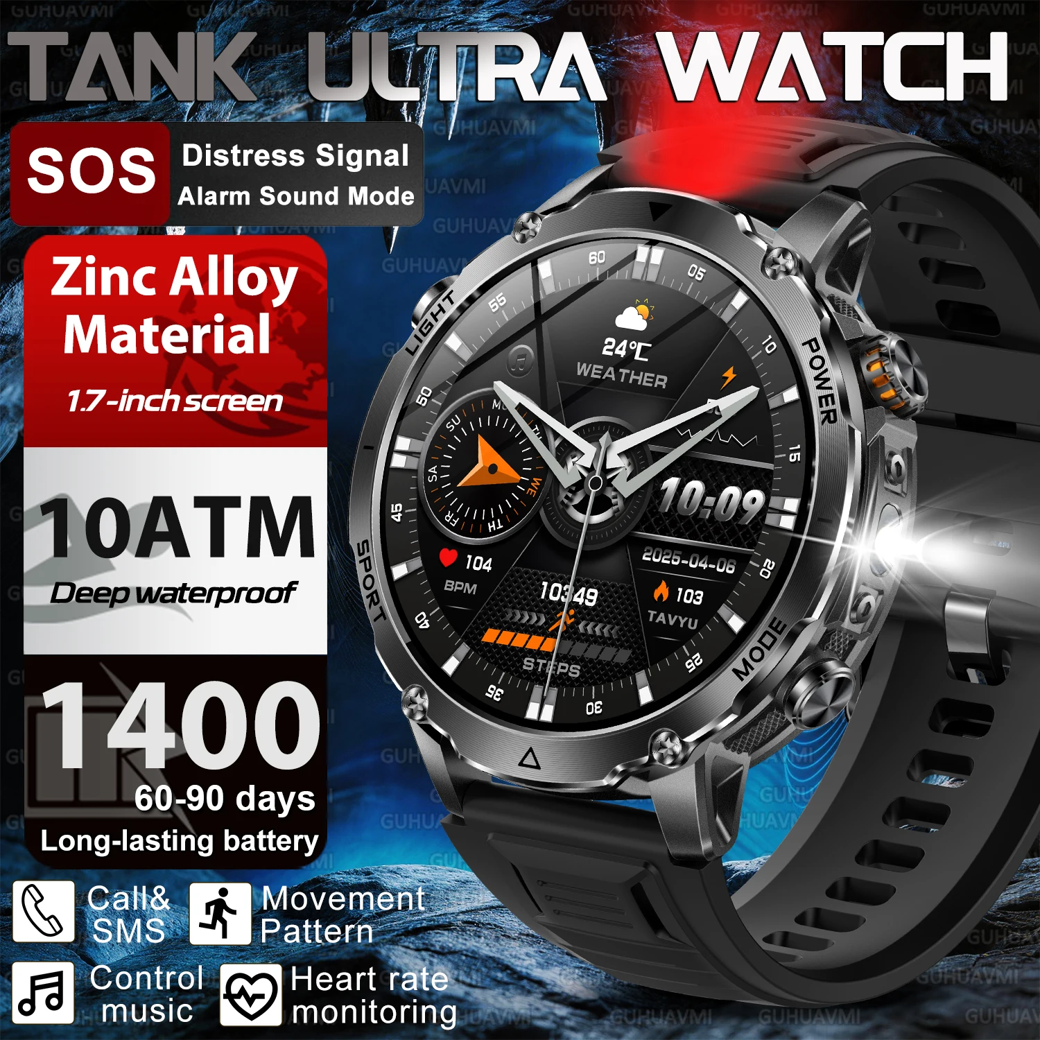 2026New 1.7 inches TANK SmartWatch Military Grade Durability