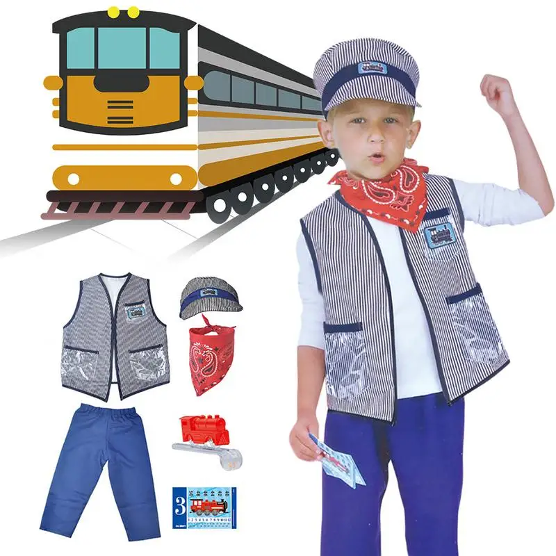 Kids Train Engineer Conductor Costume Prom Performance Costume Cosplay Clothing Equipment Props Pretend Play Toy