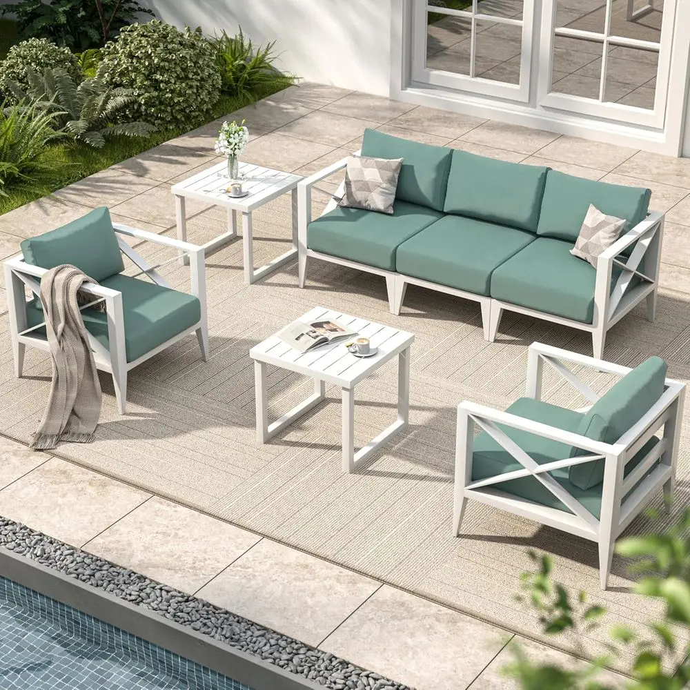 

White 7-Piece Outdoor Patio Furniture Set with Coffee Table, Oversized Deep Seating, Rust-Resistant, All-Weather for Backyard, D