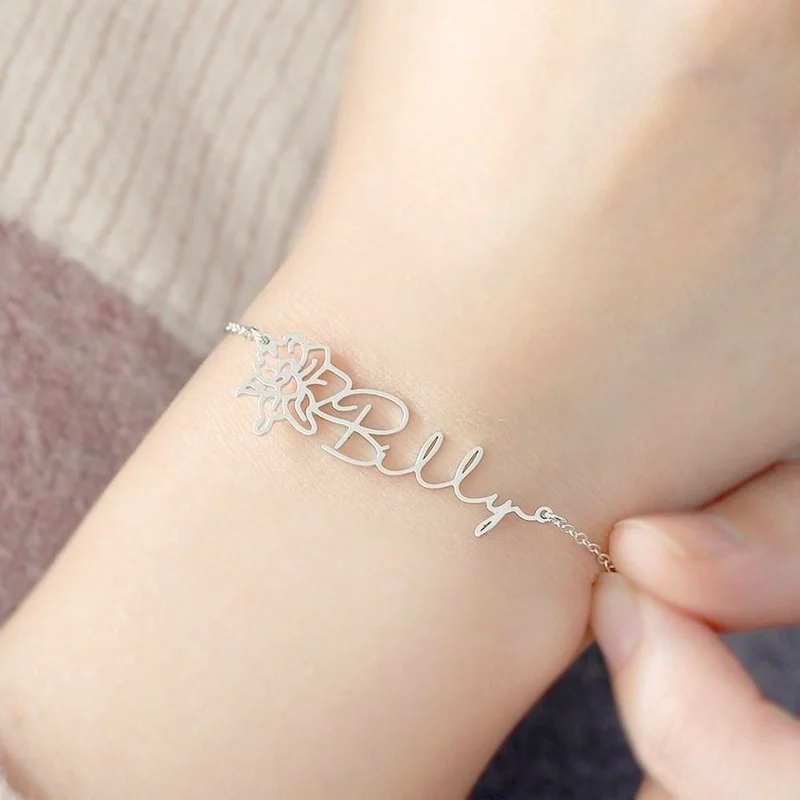 Bracelet for Woman Personalized Custom Name Bracelet Birthday Flower Stainless Steel Jewelry Gift Pulsera Acero Inoxidable Mujer