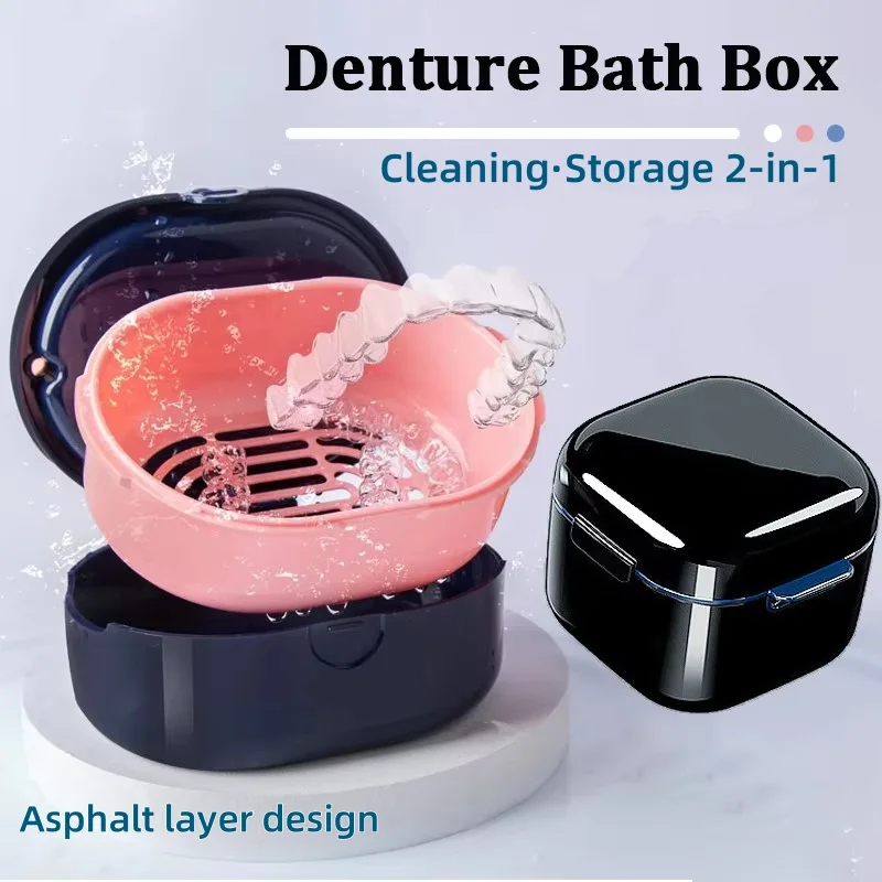 

Denture Bath Box Cup Denture Case Set Portable Retainer Case/Strainer Basket False Teeth Braces Denture Cleaning Storage Box