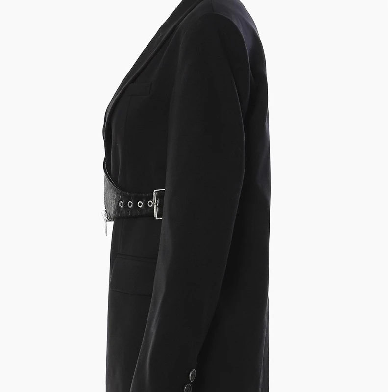 Punk Personality Sweet Cool Asymmetric PU Leather Splicing Women's Coat Original Hollow Out Zipper Button Black Blazer Ladies