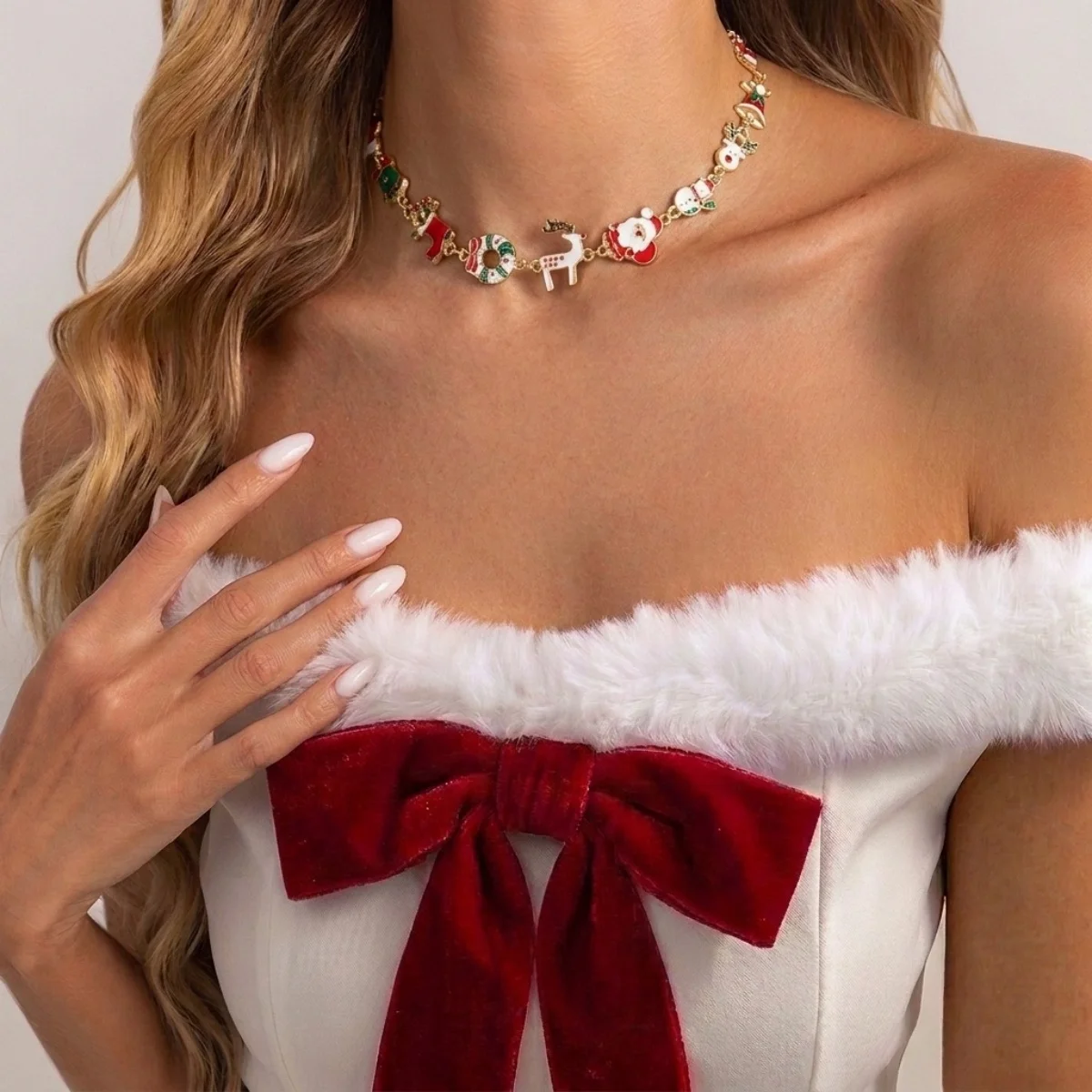 Weihnachtsbaum, Schneemann, Weihnachtsmann, Kranz, rote Kristall-Halskette für Damen und Herren, Weihnachten, Schneeflocken, Glocken, Hirsch, Halsband, Neujahrsschmuck – Detail 18