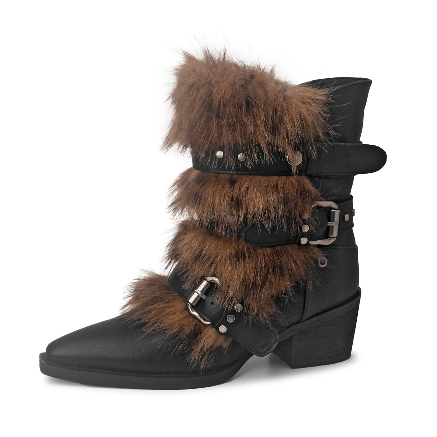 Cow Skin Belt Buckle High Heels Motorcycle Boots Warm Winter Shoes Dating Dress Luxury Fur Party Elegant Women Mid-calf Boots