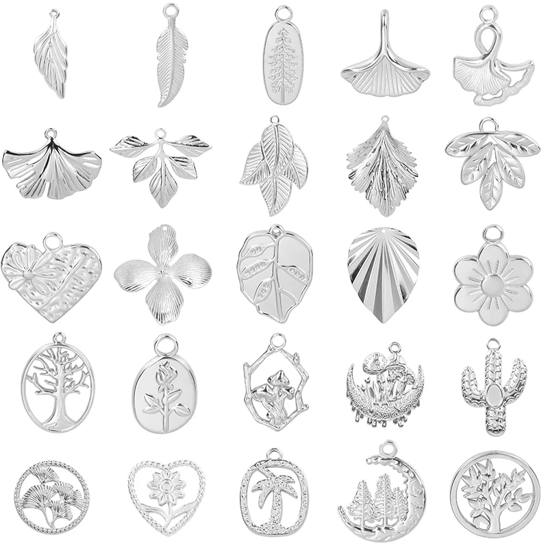 

5pcs DIY Leaf Flower Charm Stainless Steel Charms For Jewelry Making Supplies Bulk Silver Color Pendant Women/Men Accessories