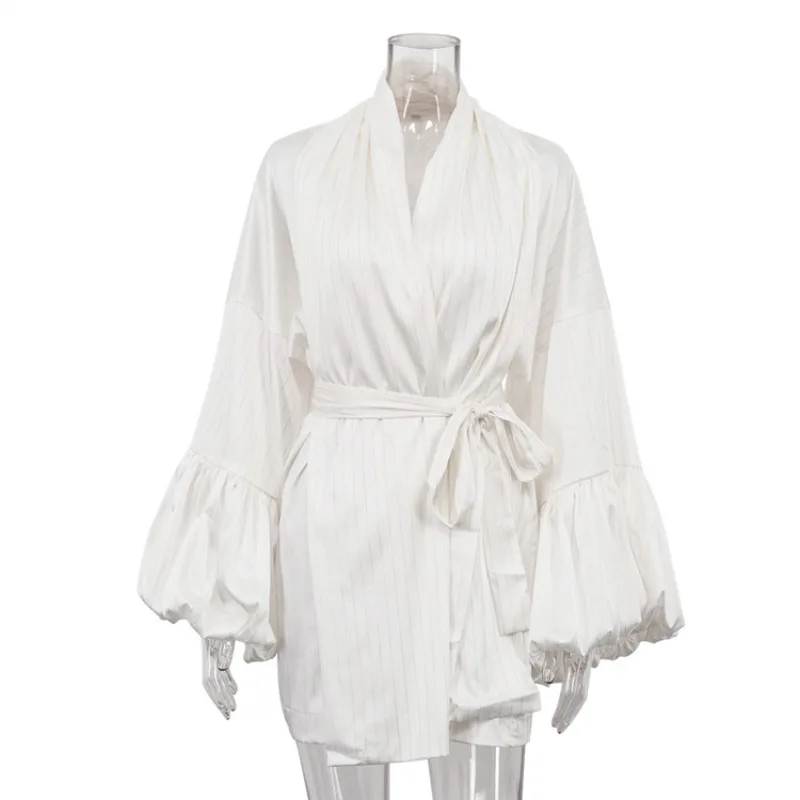 Elegant Women Stripe Satin A-line Dress Y2K Loose Long Lantern Sleeve V Neck Lace Up Luxury Celebrity Cocktail Mini Dress