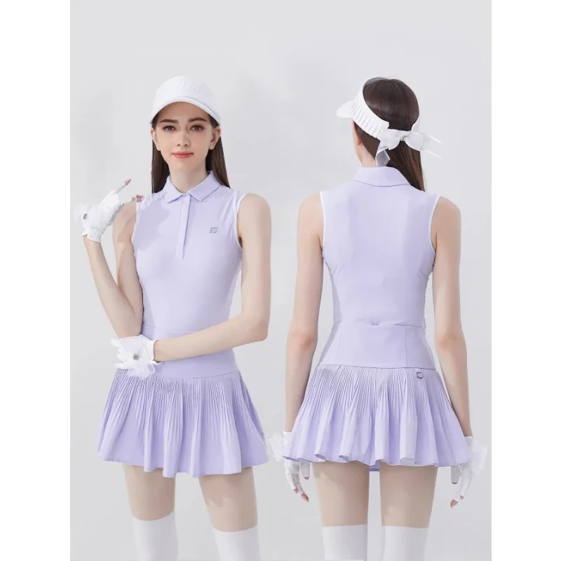 Summer Golf Women\'s sleeveless top tennis pleated short skirt anti glare women\'s skirt golf sports short skirt set