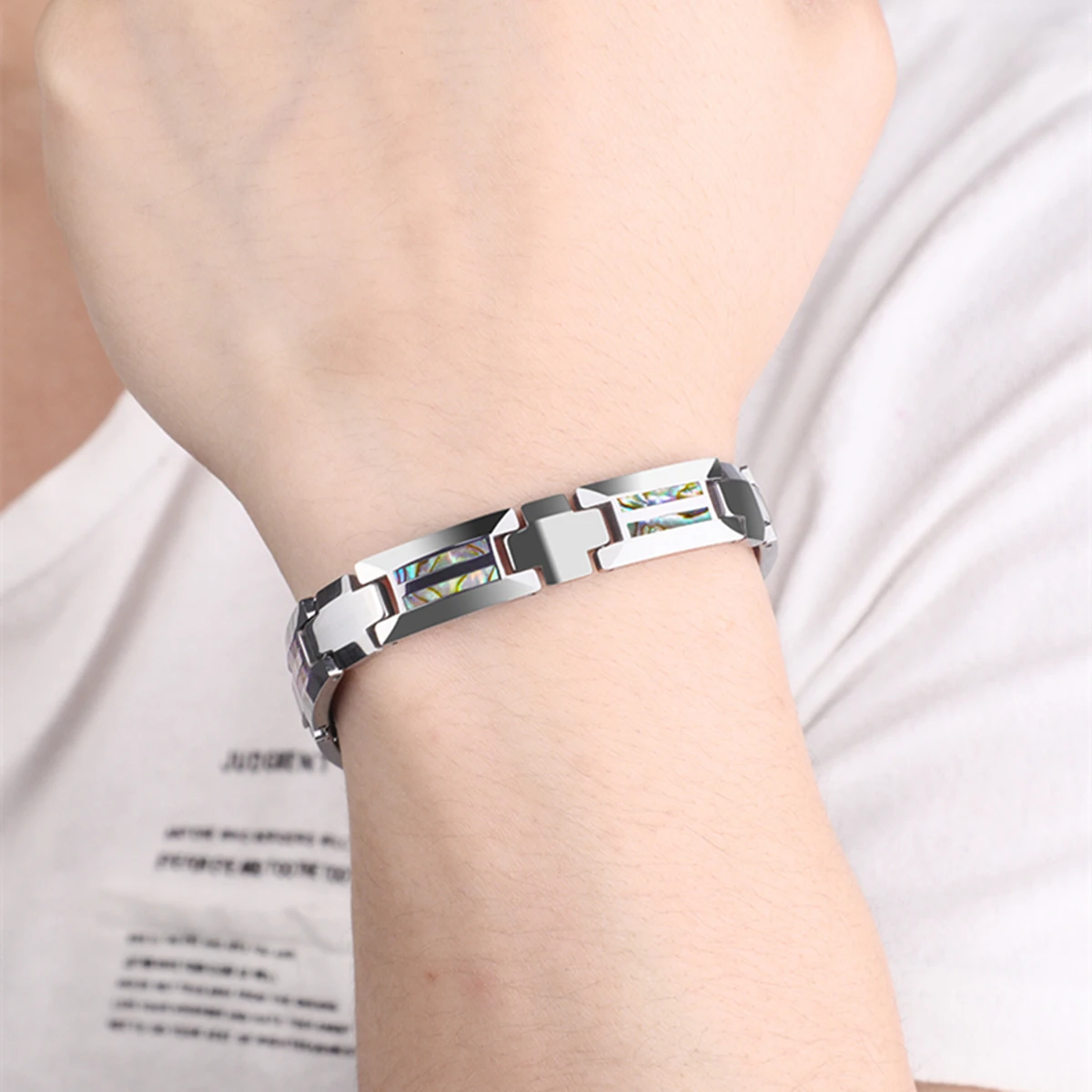 ARADOO Tungsten Steel Bracelet Pure Tungsten Inlaid Abalone Shell Hematite Men‘s Link Bracelets
