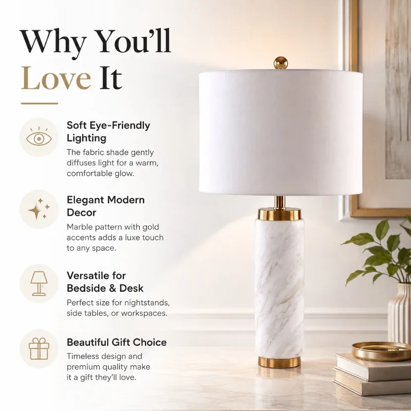 Modern Marble Bedside Light Luxury Gold Fabric Shade 3 Color LED Desk Lamp for Bedroom Living Room Office Hotel Home Table Lamp - view 4