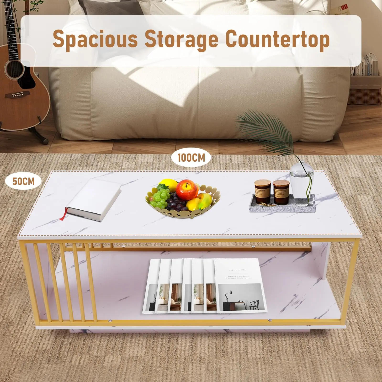 Tfcfl Современный золотой журнальный столик Прямоугольный центральный стол, журнальные столики из искусственного мрамора и МДФ Столик для телевизора Коктейльный столик Диван Торцевая вкладка