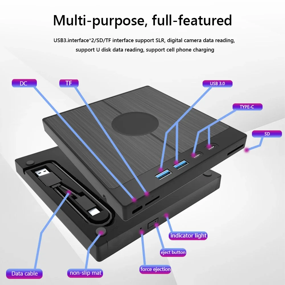 Unidade externa de cd/dvd 7 em 1, leitor de cd/dvd, gravador com 2 portas usb/tipo-c, usb 3.0 para laptop, desktop