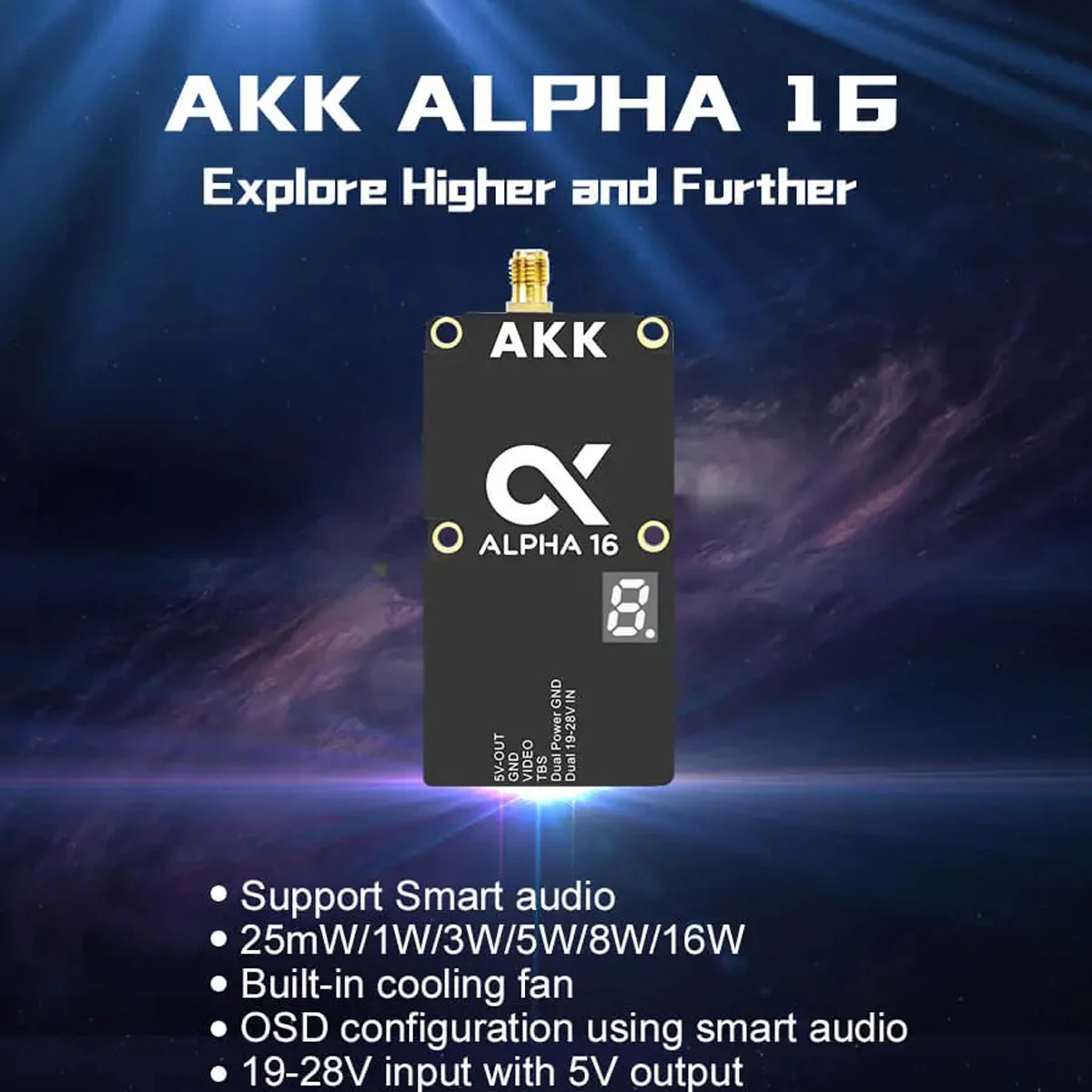 AKK ALPHA 16 16W/8W/5W/3W/1W/25mW 4.9G-6GHz Ultra Wide Band 96CH FPV VTX Long Range Smart Audio