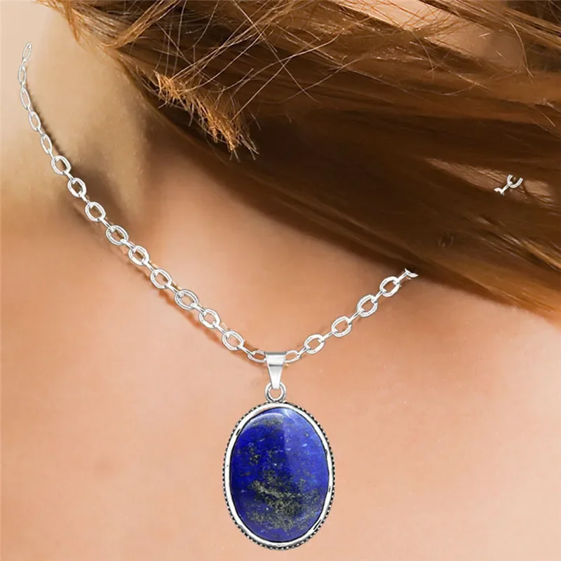 Oval Natural Lapis Lazuli Jewelry Set Necklace Earrings For Women Antique Silver Plated Stainless Steel Chain Wedding Party Gift
