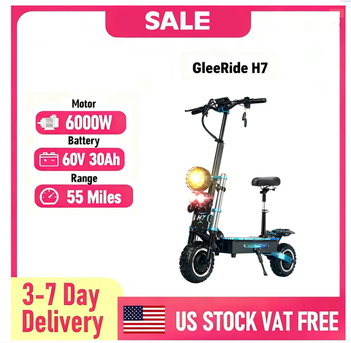 

GLEERIDE H7 11" Off-Road Electric Scooter With Ordinary Seat 3000W*2 Dual Motor 60V 30Ah LG Battery