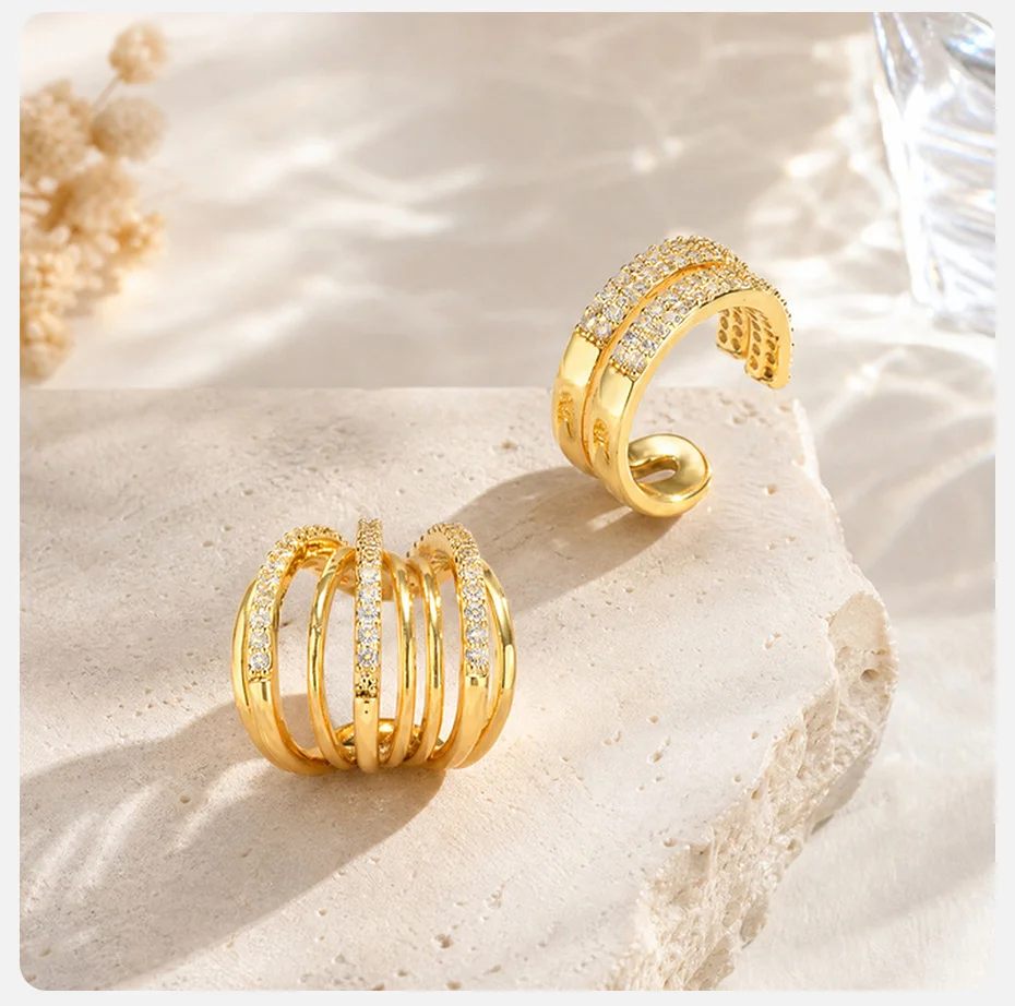 Vnox Clip-On-Ohrringe mit mehrschichtigen Kristallen für Damen, vergoldete Zirkonia-Ohrringe in C-Form, hypoallergen, nicht durchdringender Schmuck – Detail 6