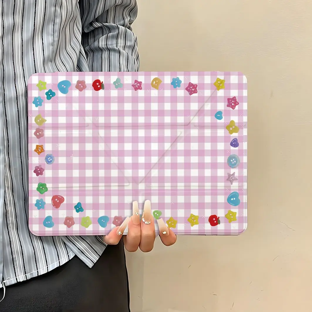 Ins Korean Button Grid Case For iPad Pro 11 13in 2025 iPad Pro 12.9in Air7 10th 11th M4 M5 Y-Shaped Folding Protective Cover Y2K