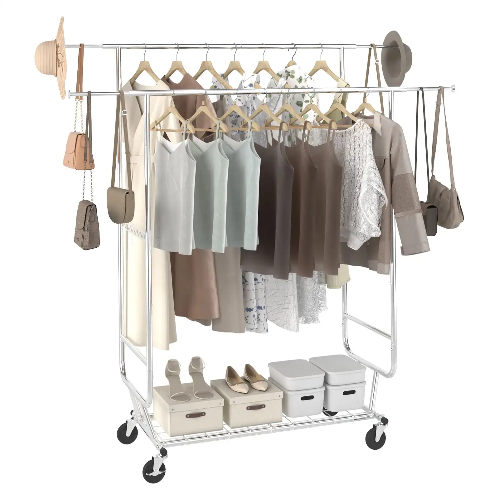 Clothes Rack 600 lbs Grade Heavy Duty Clothing  Adjustable Collapsible Clothing Racks on Wheels with Double Hanging Rod