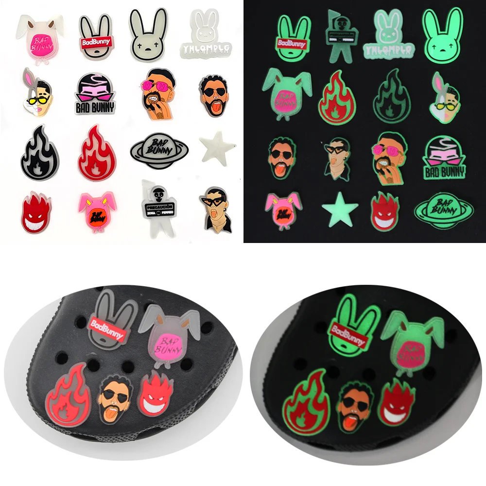 Hot 1PCS DIY Bad Bunny Shoe Charms Cartoon luminous PVC Shoe Accessories Fit Sandals Decorate Buckle Kids Boys Adult X-mas Gifts