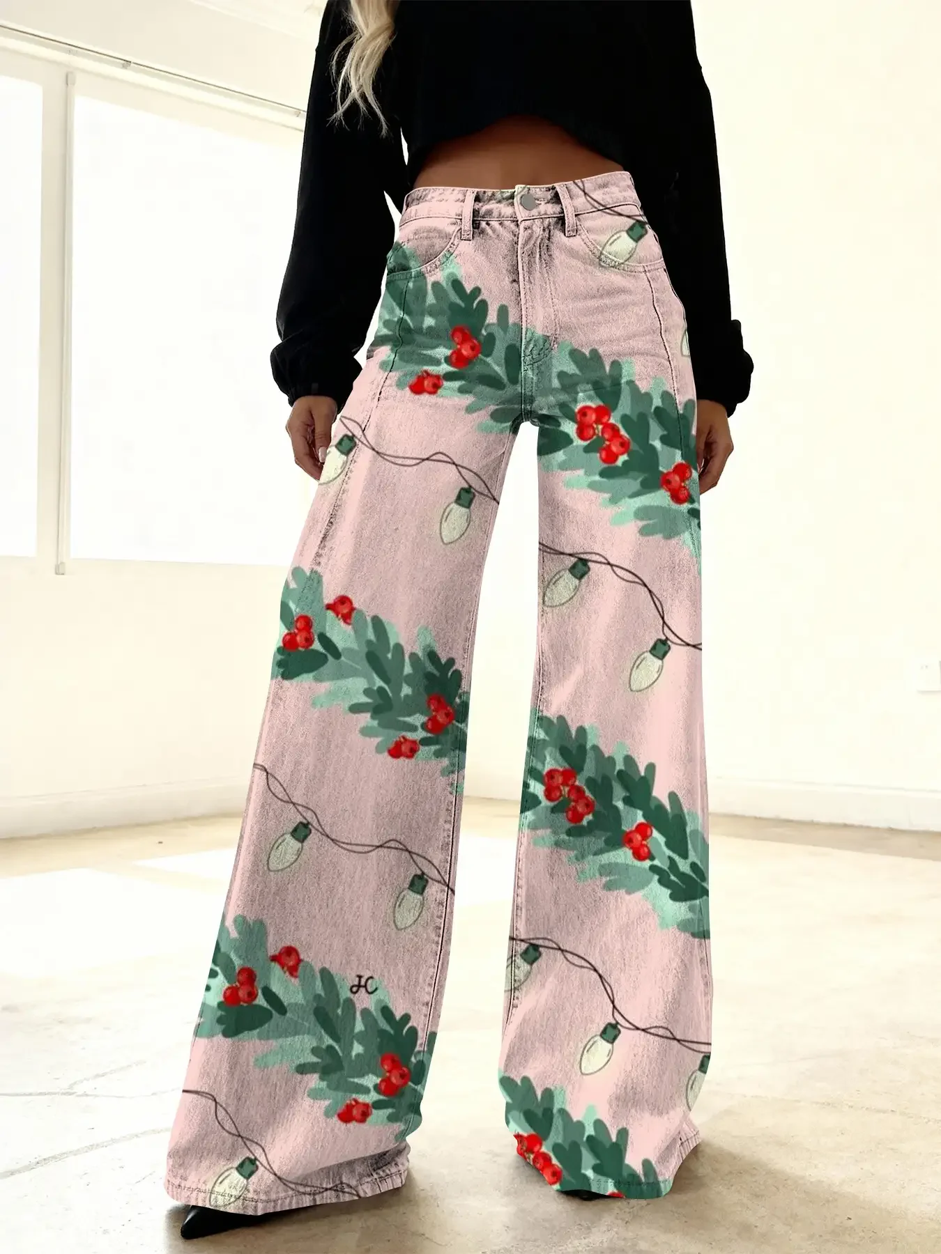 2026Ladies' new Christmas printed jeans made of imitation denim fabric, High end Queen pants