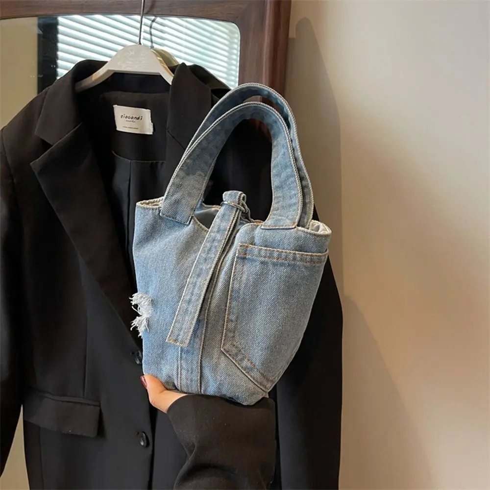 

Casual Large Capacity Denim Bucket Bag With Hole Phone Pockets Tote Bag Handbag Shoulder Bag Canvas Lunch Bag Girls