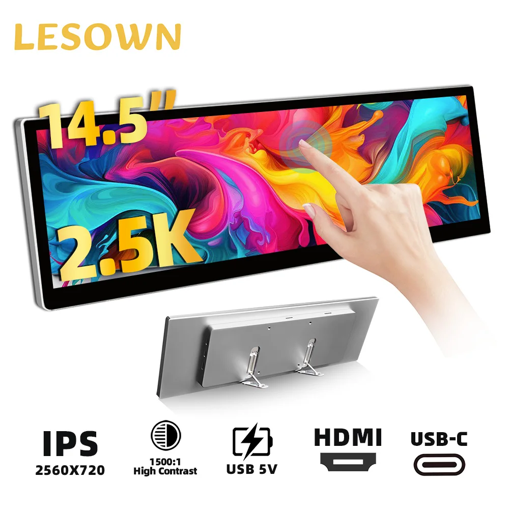 LESOWN 14.5 inch 2560x720 Portable Long Bar Touch Monitor USB C HDMI 2.5K 1500:1 PC Laptop Auxiliary Display for Window Computer