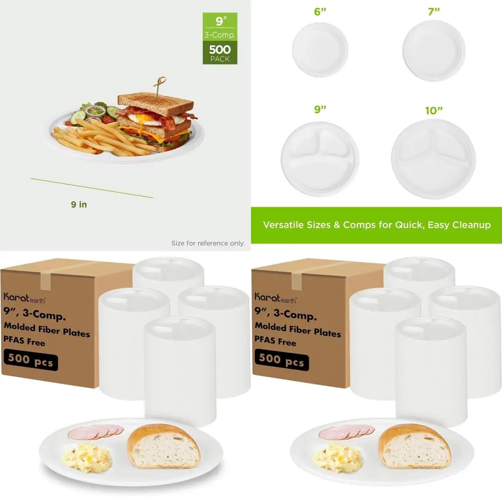 

9-Inch Disposable Paper Plates, 500 Pack, Heavy-Duty Molded Fiber, Eco-Friendly Bulk White