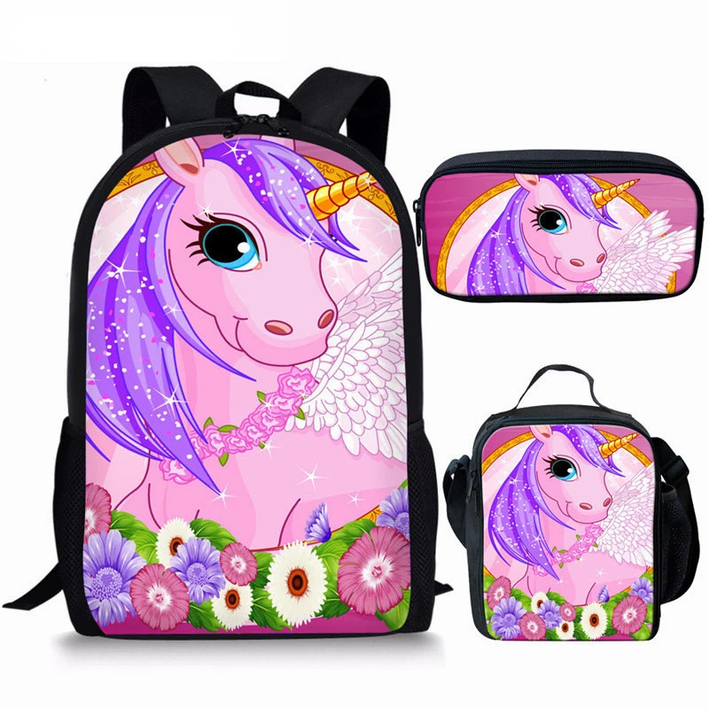 Cartoon Animal Print School Student Book Bag, Funny Unicorn Backpack, Lunch Bag, Lápis Case, Unisex Daypack, 3pcs por conjunto