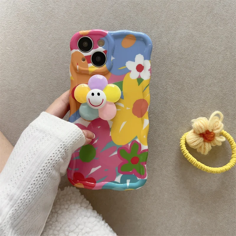 Color Crossbody Shoulder Strap Phone Case For iPhone 14 11 12 13 Pro Max 14pro Cover Korean Cute Flower Silicone Cases For Women