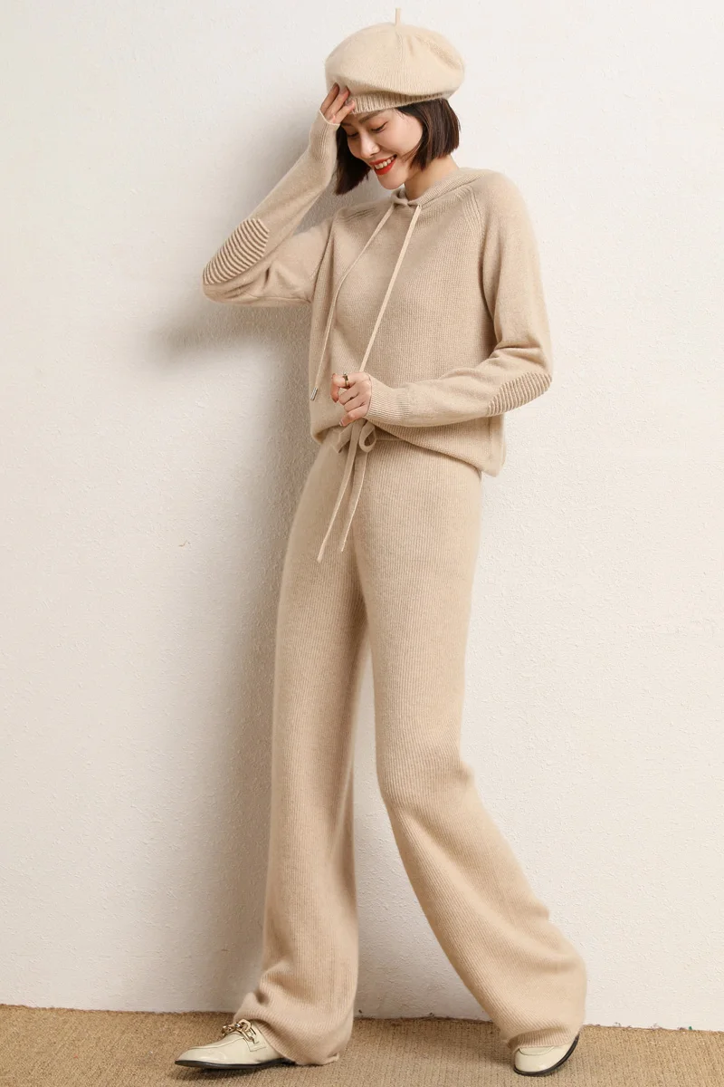 Autumn and winter new high-waisted loose wool knitted wide-leg trousers for women to wear straight leg wide-leg moped trousers