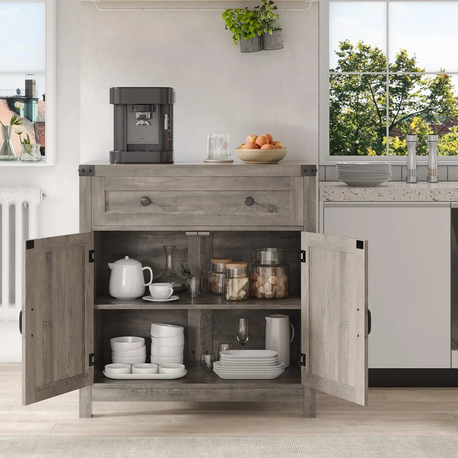 Coffee Bar Cabinet, Kitchen Storage Cabinet, Modern Farmhouse Buffet Sideboard with Drawer and Adjustable Shelf