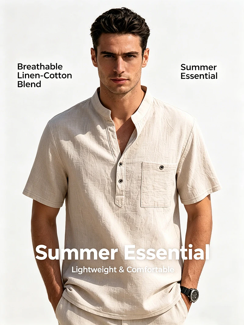 Men's Cotton Linen Henley Shirt Short Sleeve Stand Collar Button Down Breathable Casual Beach Vacation Daily Wear Tops for Men