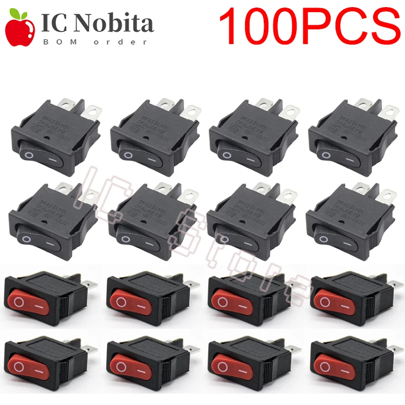 100PCS KCD1-110 Mini Thin Flat Rocker Switch 6A 250VAC 10A 125VAC ON-OFF 2Pin Red and Black 9.5x21MM Instrument Small Switch