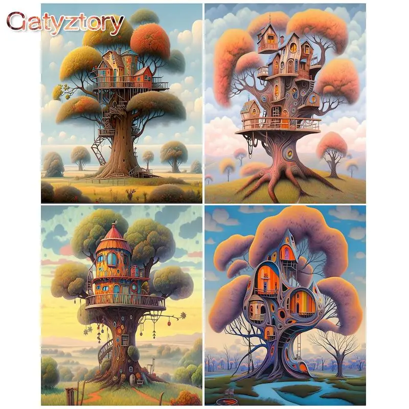 

GATYZTORY Oil Painting By Numbers Kits Tree House Landscape Drawing Canvas HandPainted Gift Picture By Numbers Home Decor