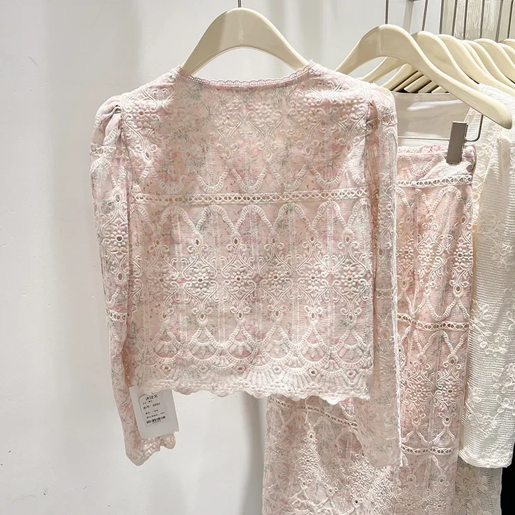 Conjunto de 2 peças de renda floral rosa, gola redonda, manga longa bufante, tops curtos + cintura elástica dividida, saia longa, roupa feminina elegante