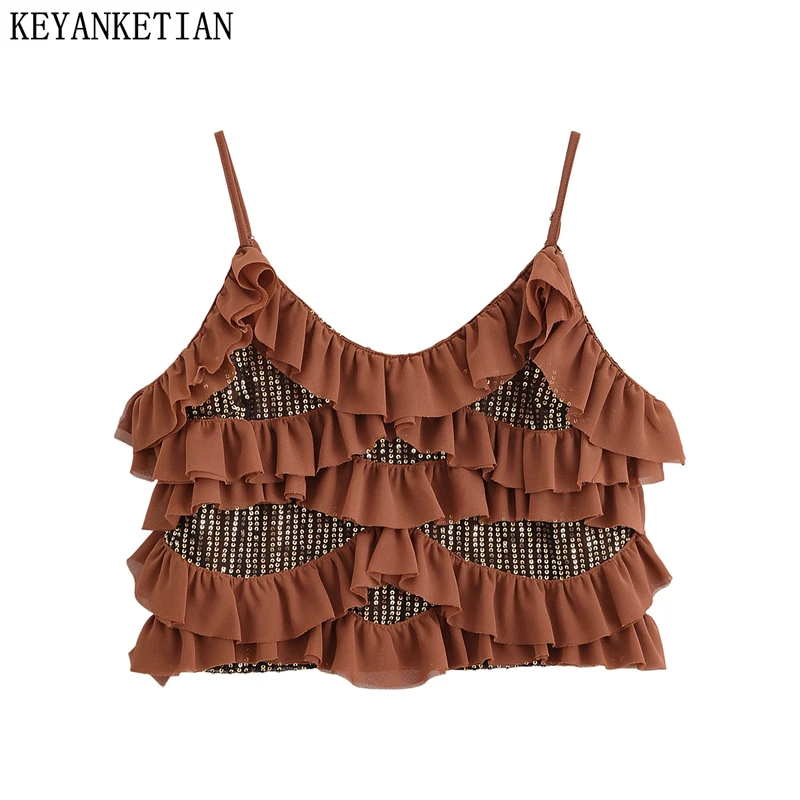 

KEYANKETIAN Summer New Women's Vacation Wind Lotus Leaf Edge Layered Sequin Camisole Vest Sexy Backless Short Top