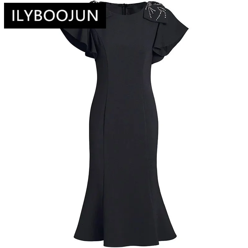 

ILYBOOJUN Fashion Women's New Summer Flounced Edge Short-Sleeved Bow Diamond Elegant Hip Wrap Fishtail High-Waisted Dresses