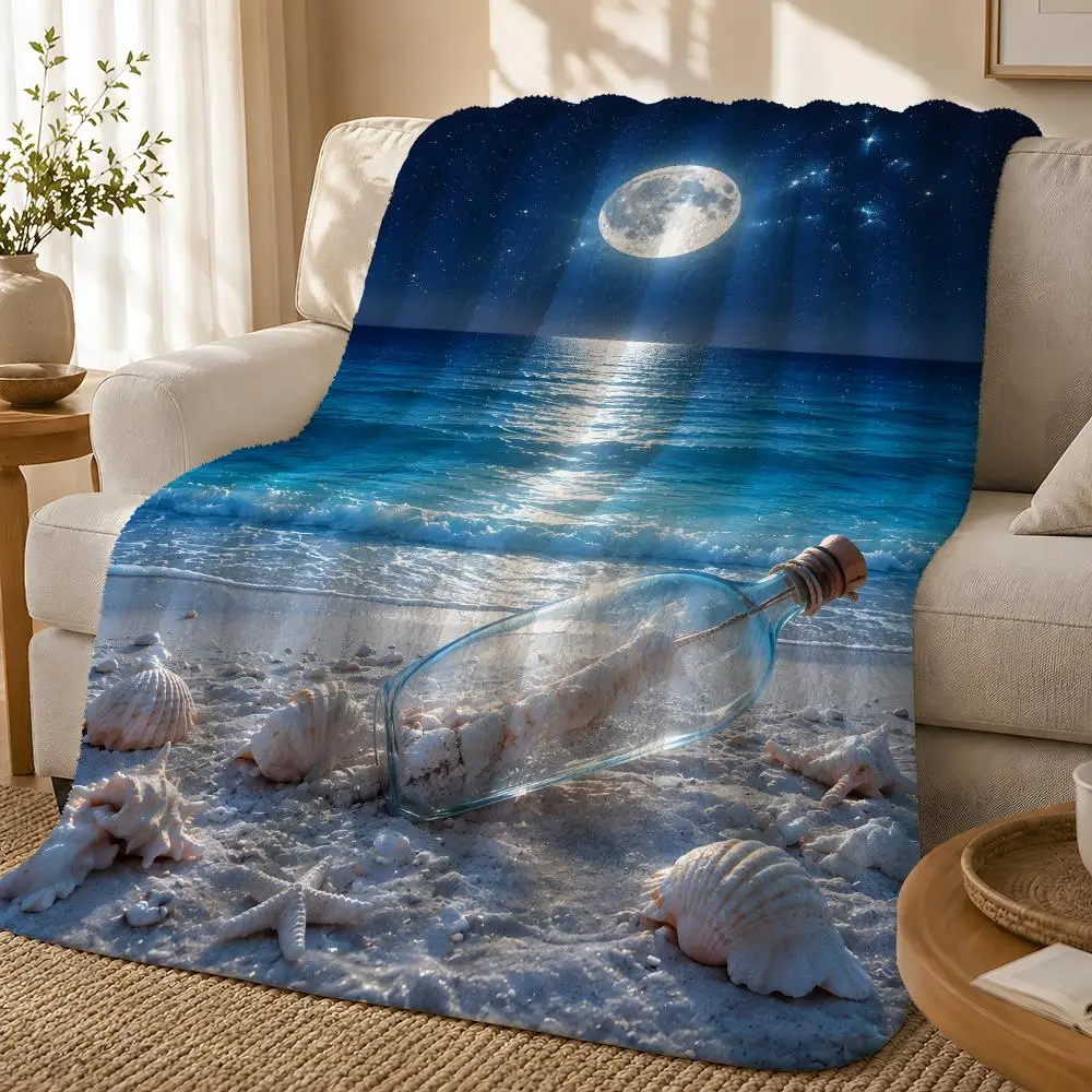 Dreamy Ocean Beach Seashell Starfish Throw 1pc Flannel Blanket Soft Lightweight Warm Cozy For Bedroom Sofa Bed