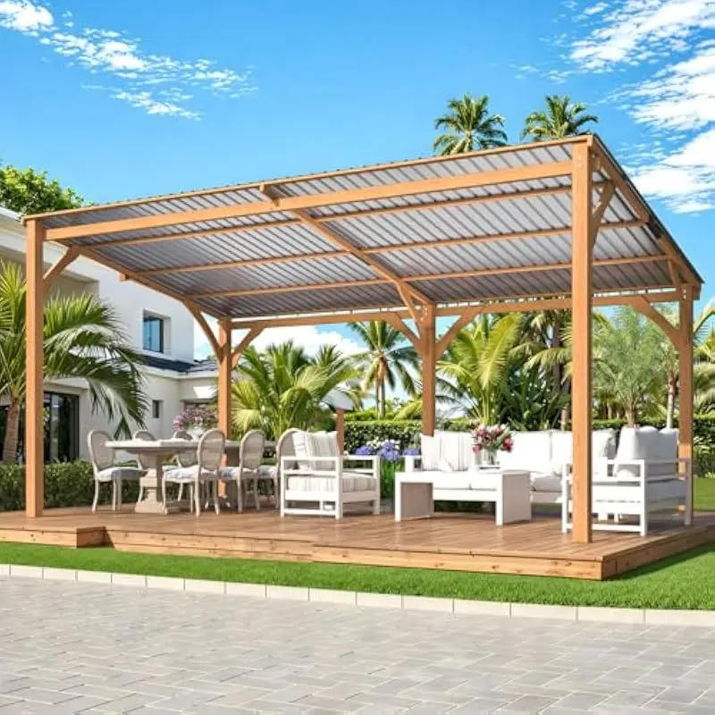 160 sq ft Rectangular Hardtop Wooden Pergola with UPF UV Shield and 20 Inch Snow Load Capacity Waterproof Design for Patios Deck