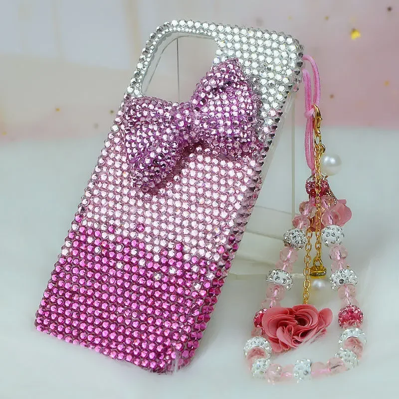 Gradient Pink 3D Bow Water Diamond Girl Phone Case for iPhone 15 Pro Max 14 Plus 13 12 11 XSMax XR with Hanging Chain Cover