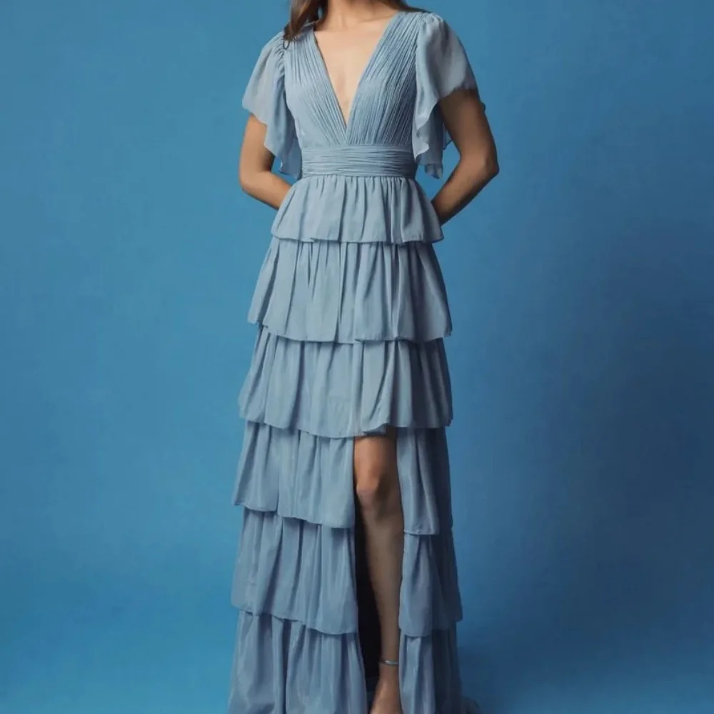 

Customized Blue Modern Style Simple Chiffon Pleat Draped Tiered A-line V-neck Long Dresses Evening Dresses Sizes Available Retro