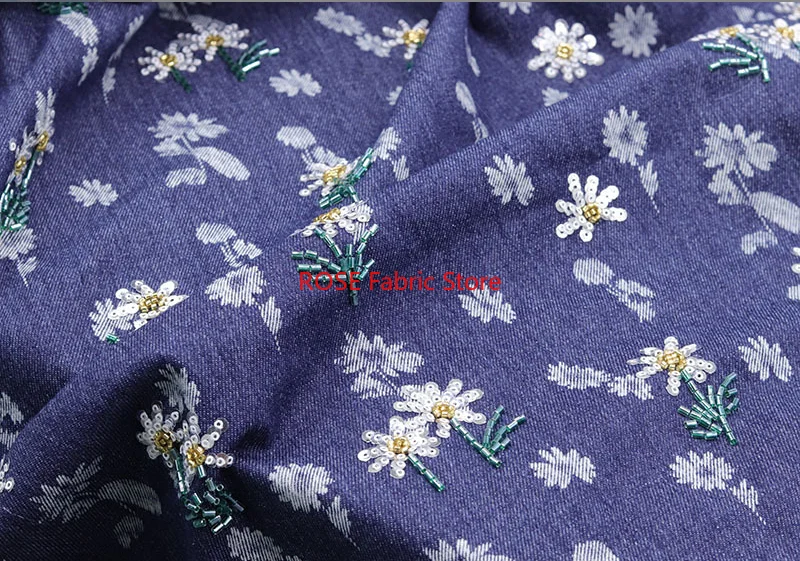 Tela vaquera azul con bordado de cuentas y lentejuelas de Margarita Para pantalones, chaqueta, Telas Para Costura, Tissus Couture, Material de costura