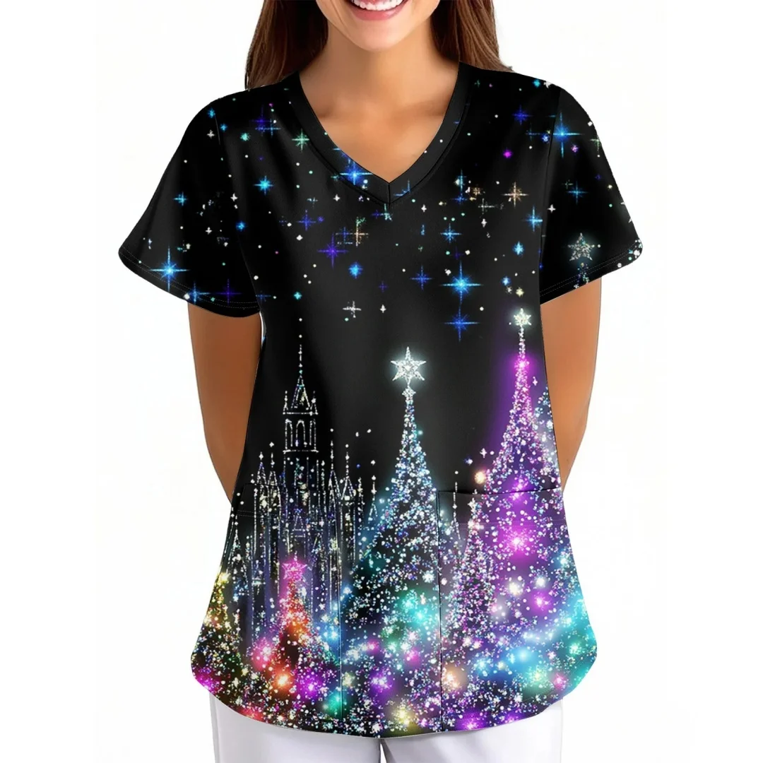 Uniforme hygiénique imprimé bonhomme de neige pour femmes, col en v, manches courtes, poches, matériau Micro élastique, uniformes cliniques, vêtements pour femmes