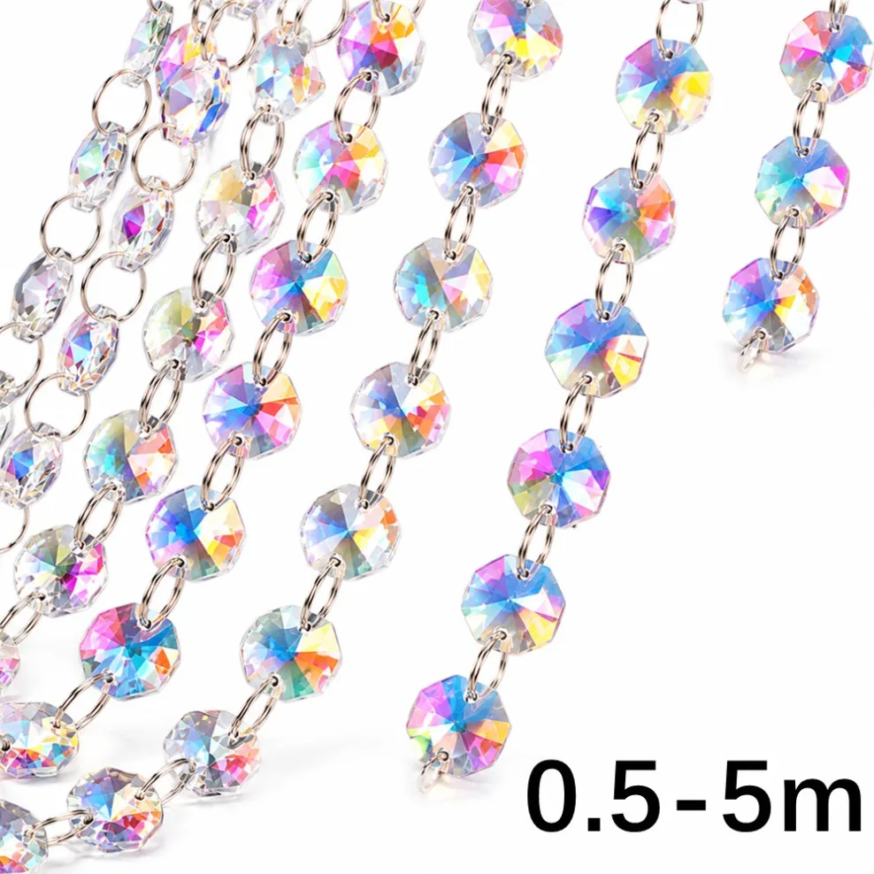 0.5-5m All Colors 14mm Crystal Glass Octagon Beads Chains Hanging Strand Garlands for Curtain Decor Home Wedding Decoration
