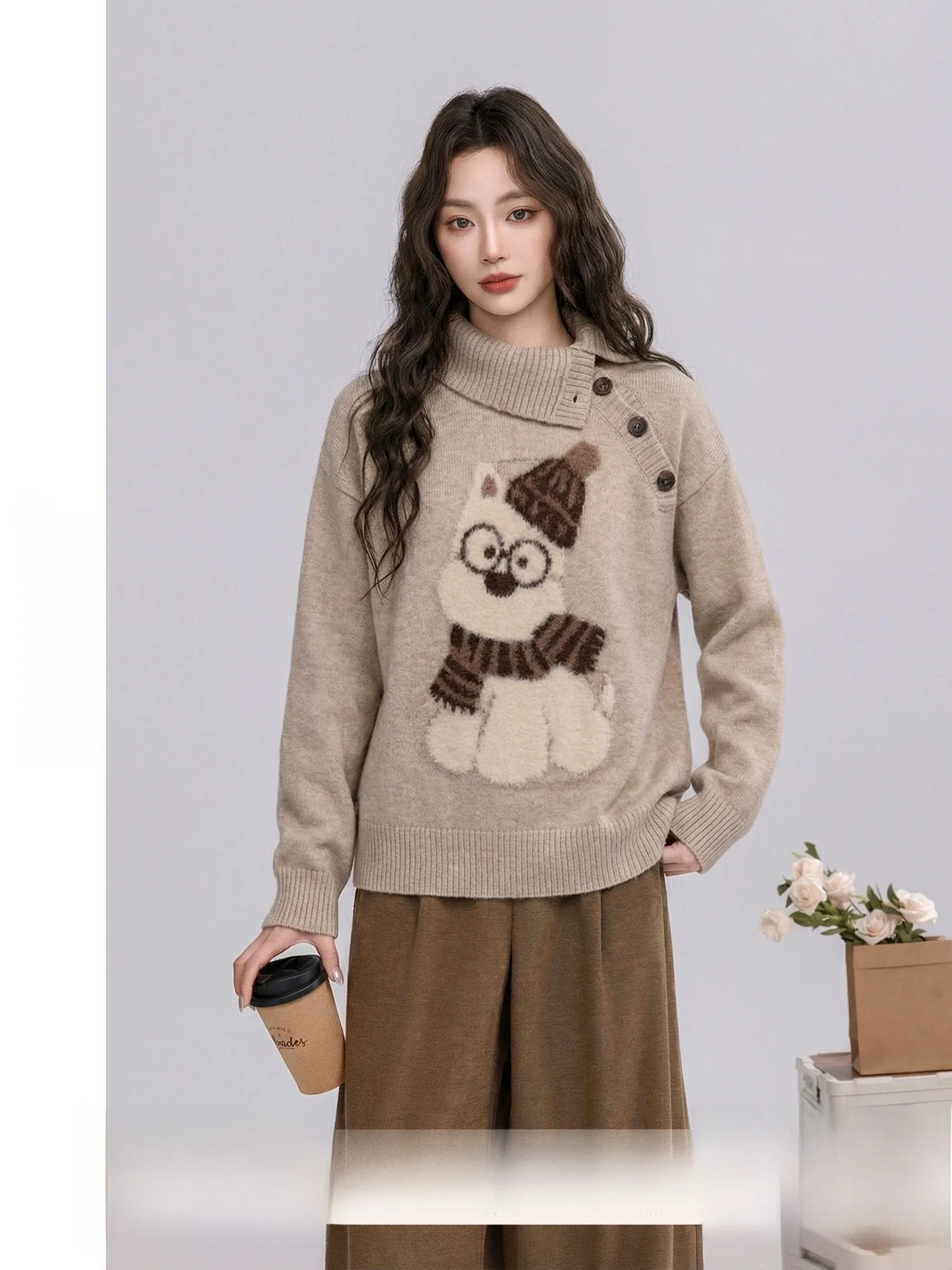 

Теплый женский свитер с мультяшной вышивкой в виде милого собачки, корейский стиль, зимний топ, мягкий, из смесового полиэстера, с длинными рукавами, высокое качество