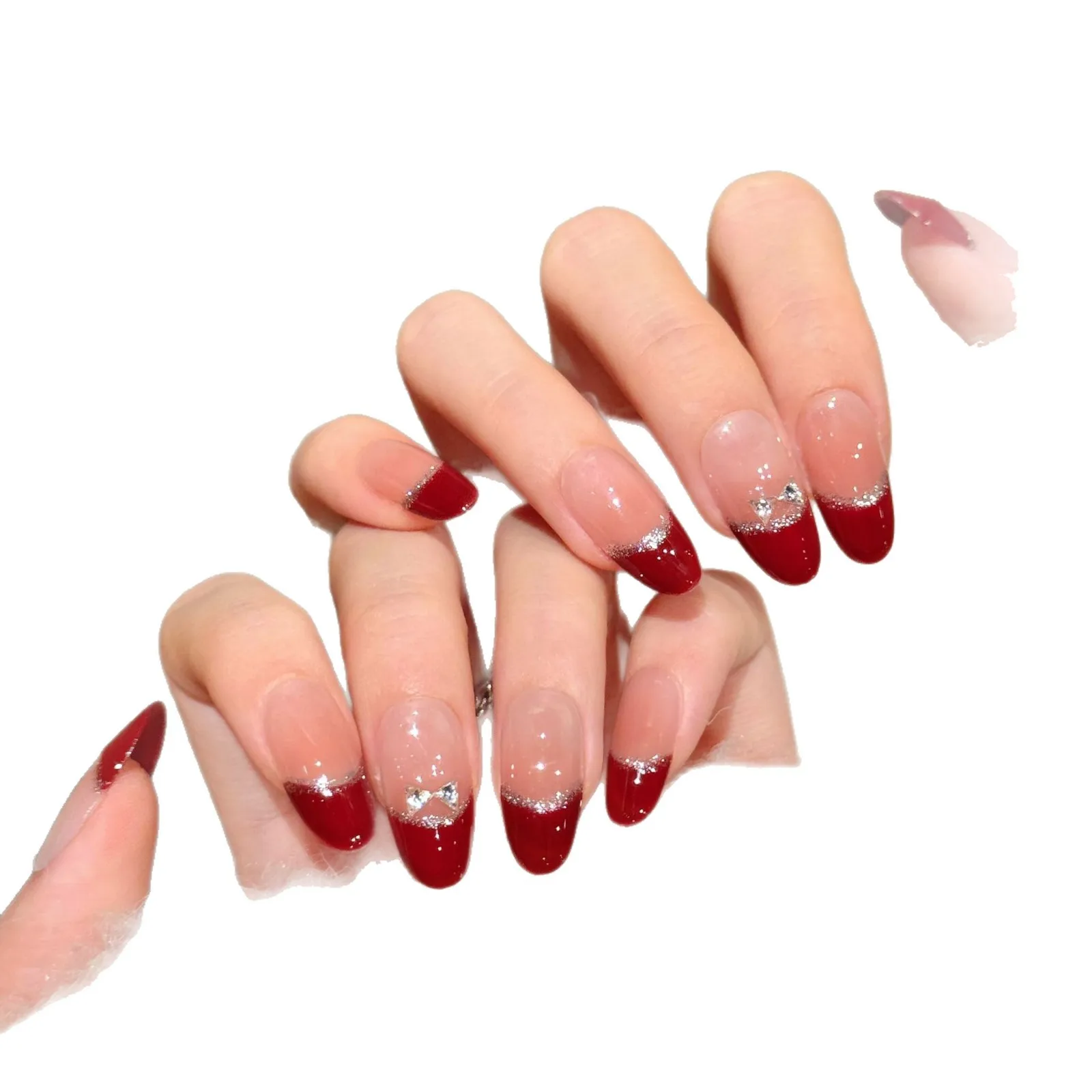 Faux ongles ovales courts à pression, rouge, nu, argent, nœud à paillettes, faits à la main, élégants, blancs, améliorant l'art des ongles, avec 4 pièces, 10 pièces